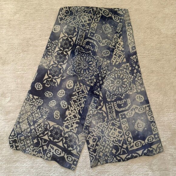 Boho Sheer Indigo Blue Floral Print Scarf Geometric for Women - 53in x 11.5in - Picture 3 of 6